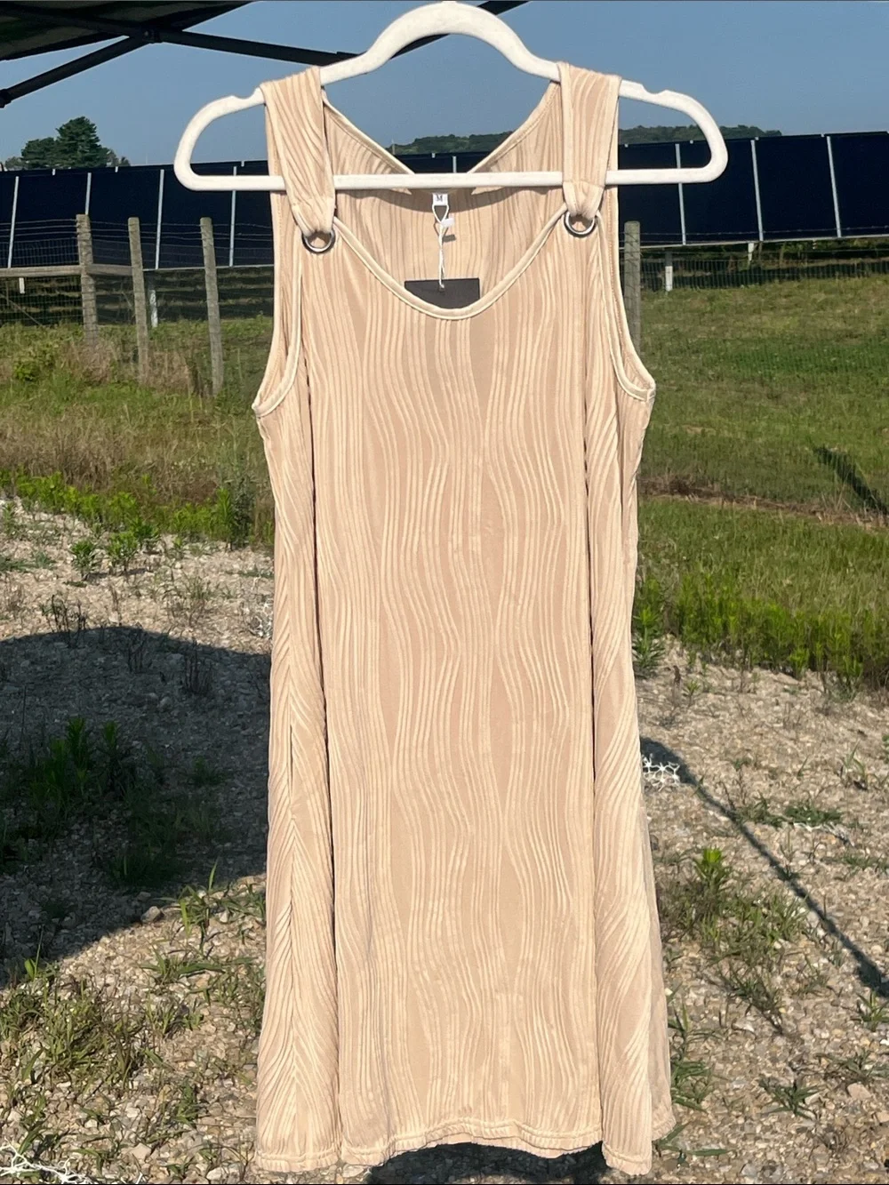 ETCYY Sleeveless Beige Textured Midi Dress with Ring Strap Detail side pockets